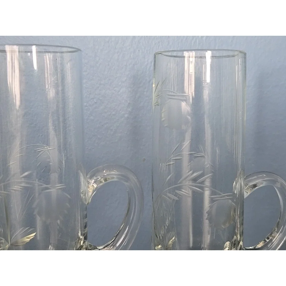 4 Vintage Etched Wheat Glass Handled Cordial‎ Liqueur Aperitif Shot Glasses